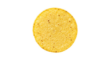 Round yellow corn tortilla chip isolated, single crispy snack for nachos or dipping on transparent background