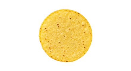 Round yellow corn tortilla chip isolated, single crispy snack for nachos or dipping on transparent background