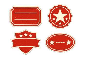 Vector set of vintage red badges and labels. Retro grunge frames with stars. Blank textured stickers and stamps for promotion. Old seal and emblem design elements templates.