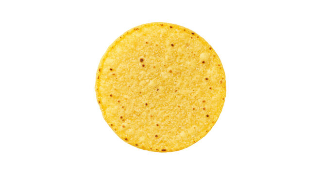 Round yellow corn tortilla chip isolated, single crispy snack for nachos or dipping on transparent background
