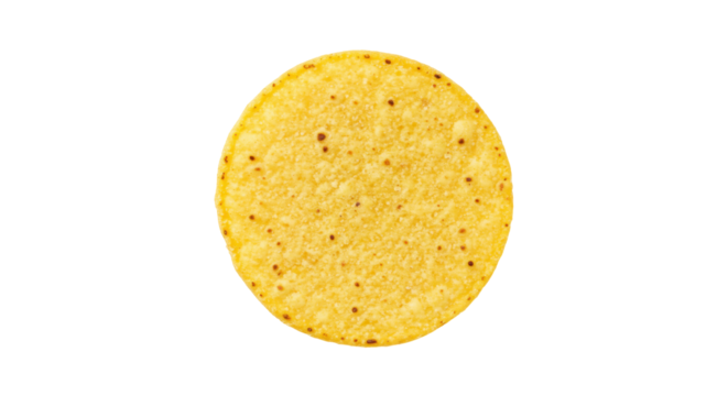Round yellow corn tortilla chip isolated, single crispy snack for nachos or dipping on transparent background - Powered by Adobe