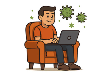 Man working from home on laptop in chair. Concept for stay home, self quarantine, social distancing. Protection from COVID-19 coronavirus pandemic. Freelancer working remotely.