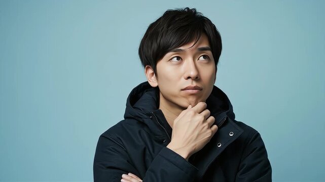 顎に手を当てて上を見上げる若い日本人男性（青背景）