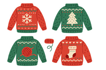 Set of ugly Christmas sweaters. Vector collection of cute, cozy winter jumpers. Hand drawn festive knitted pullover illustration with snowflake, tree, sock and yarn clew.