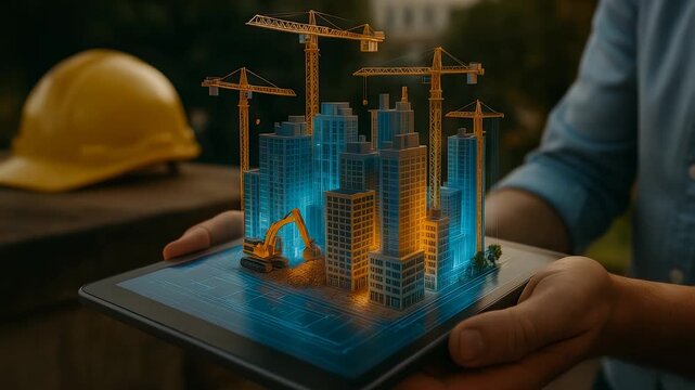Digital tablet displaying holographic construction site with cranes, skyscrapers and excavator glowing in augmented reality city model