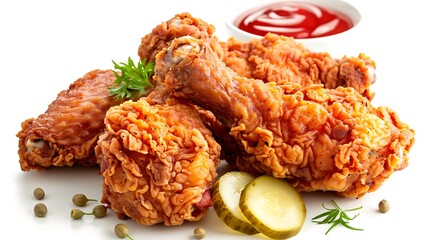 Crispy fried chicken pieces with ketchup and pickles on a white surface for a tasty meal treat