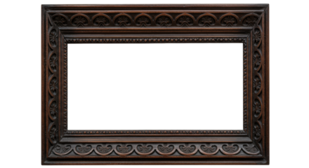 Ornate dark wood picture frame isolated on transparent background, vintage carved border for artwork and photography display