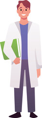 Man scientist, vector cartoon scientific technician, male character professor in a white lab coat with a pointer in hand