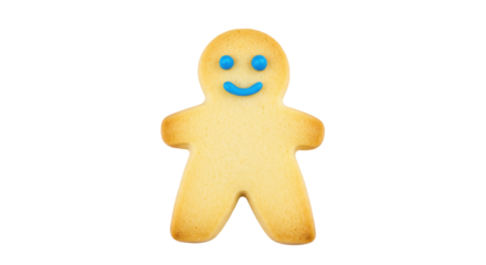 Gingerbread man cookie isolated on transparent background, festive holiday treat with blue icing smile for Christmas and winter