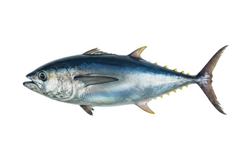 Yellowfin tuna isolated PNG, a large saltwater fish with vibrant yellow fins on transparent background, seafood delicacy for culinary projects