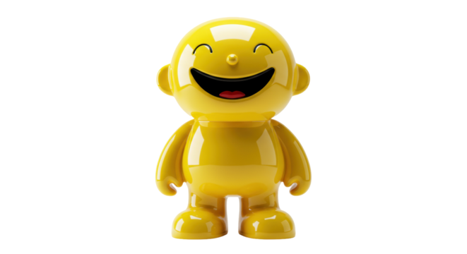 Yellow smiling toy figure isolated on transparent background, cheerful character for kids and decoration