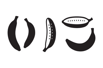 Banana silhouette icon set with whole and peeled fruit isolated vector design on white background