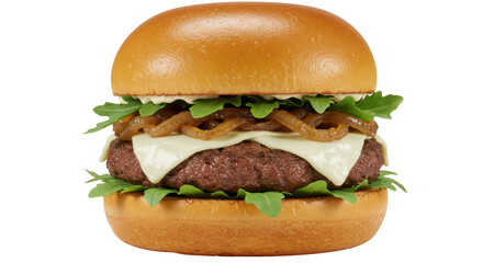 Gourmet burger with caramelized onions and cheese isolated on transparent background, delicious beef patty sandwich for restaurant menu