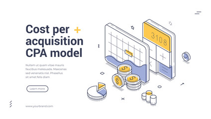 Cost per acquisition CPA model financial planning analyzing isometric web banner design template line vector illustration. Finance accounting calculating commercial efficient management purchase