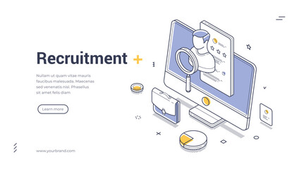 Recruitment employee online search HR isometric web banner design template line vector illustration. Headhunting vacancy recruiting candidate resume computer analyzing human resources management