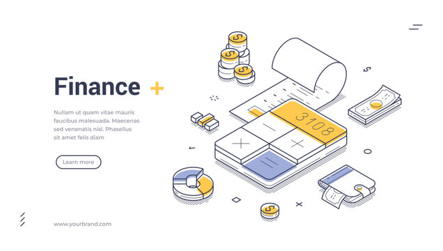 Finance banking accounting calculating isometric web banner design template line vector illustration. Financial money accountant commercial business planning budget balance analyzing control