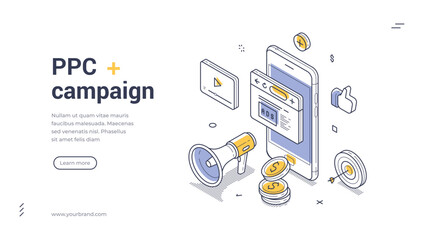PPC campaign commercial marketing advertising isometric web banner design template line vector illustration. Internet promo cyberspace advertisement web page searching digital technology