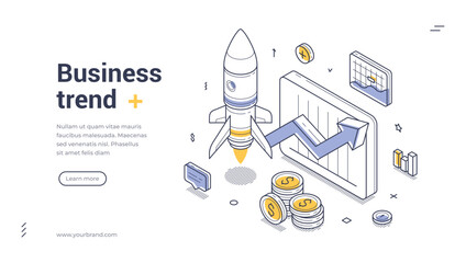 Business trend productivity efficiency analyzing isometric web banner design template line vector illustration. Commercial startup profit success marketing management strategy development analytics
