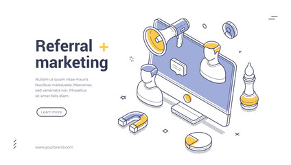 Referral marketing internet promotion method isometric web banner design template line vector illustration. Social media network advertisement loyalty team friend client recommend commercial strategy