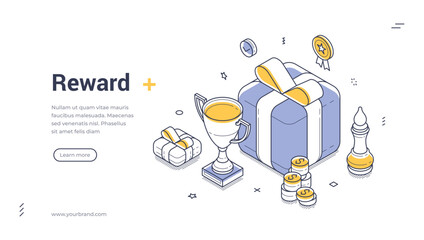 Fototapeta na wymiar Reward win loyalty gift present best choice isometric web banner design template line vector illustration. Award victory triumph first place competition winner trophy holiday prize financial success