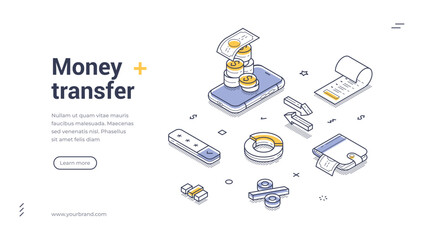 Obraz na płótnie Canvas Money transfer online banking account mobile app isometric web banner design template line vector illustration. Financial currency transaction internet shopping payment cashless checkout analyzing