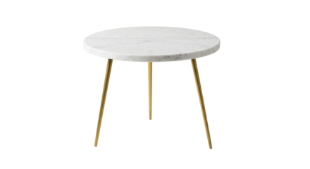 Round marble side table with gold legs isolated on transparent background, modern accent furniture for living room