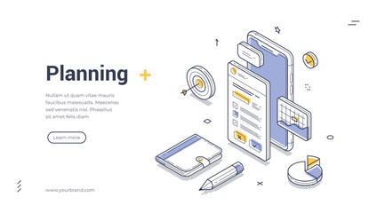 Business planning time management work organization isometric web banner design template line vector illustration. Workflow process organizing to do list control task optimization mobile app