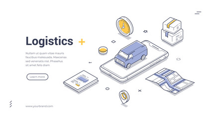 Fototapeta na wymiar Logistic distribution service cargo shipping isometric web banner design template line vector illustration. Commercial transportation online shopping order delivery moving post freight GPS mobile app