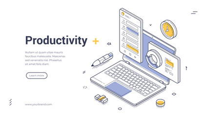 Productivity work process optimization isometric web banner design template vector illustration. Efficiency business computer workflow time management organization strategy development