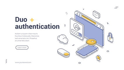 Fototapeta na wymiar Duo authentication account identity access isometric web banner design template line vector illustration. User identification privacy information security internet page approved password login verify