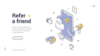Refer a friend recommend marketing strategy isometric web banner design template line vector illustration. Affiliate partnership cyberspace commercial promotion share bonus loyalty communication