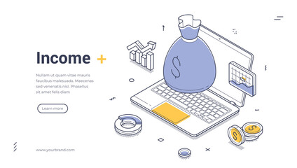 Fototapeta na wymiar Making money via internet online income isometric web banner design template line vector illustration. Internet business e commerce cyberspace financial wealth analyzing use laptop digital technology