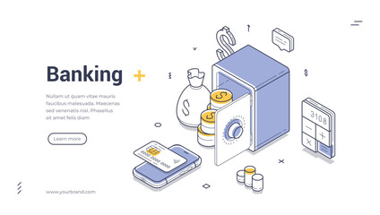 Fototapeta na wymiar Banking money savings safe mobile app isometric web banner design template line vector illustration. Financial currency secure investment cash cashless shopping payment commercial transaction
