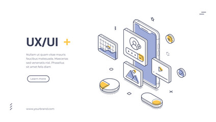 UX UI design mobile phone user interface development isometric web banner template line vector illustration. Smartphone programming technology software cyberspace infographic idea content menu create