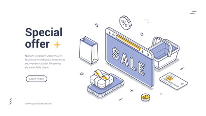 Online shopping sale special offer discount isometric web banner design template line vector illustration. Internet store shop market supermarket marketplace cost reduction price off commercial retail