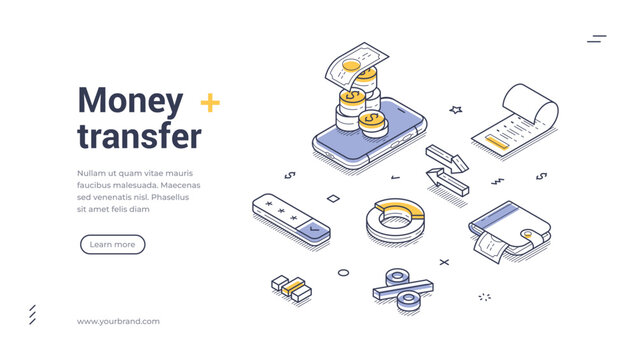 Money transfer online banking account mobile app isometric web banner design template line vector illustration. Financial currency transaction internet shopping payment cashless checkout analyzing