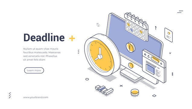 Deadline countdown time management workflow isometric web banner design template line vector illustration. Work organization process planning productivity efficiency control clock with computer