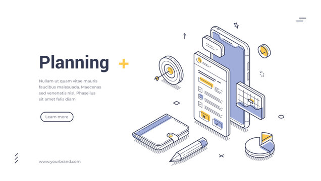 Business planning time management work organization isometric web banner design template line vector illustration. Workflow process organizing to do list control task optimization mobile app