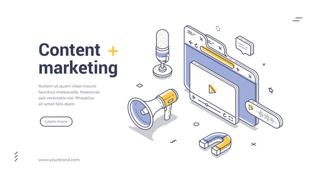 Content marketing internet promo campaign isometric web banner design template line vector illustration. Information news advertising communication creative sharing online announcement strategy