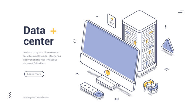 Data center cloud computing hardware server isometric web banner design template line vector illustration. Archive media content binary analyzing database file exchange software backup technology