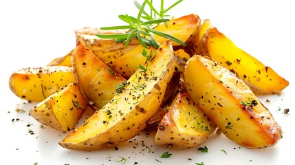 Close up view of a pile of seasoned potato wedges with fresh herbs on a bright white background