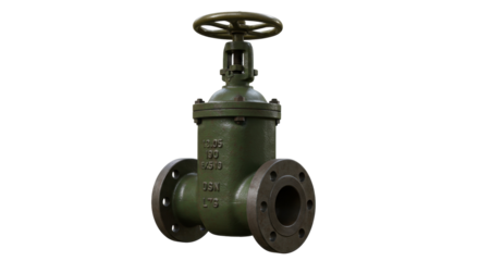 Green industrial gate valve isolated on transparent background, plumbing equipment for pipelines and water systems