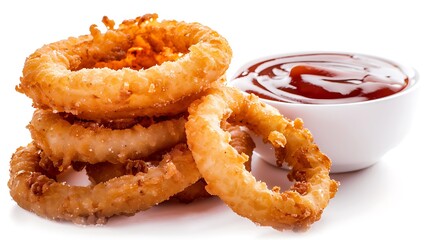 A stack of golden crispy onion rings served with a bowl of vibrant red ketchup on a white background