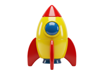 Yellow and red toy rocket isolated on transparent PNG, retro space ship for kids and science fiction themes