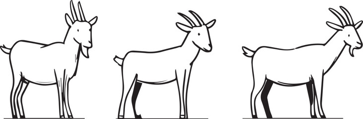 Fototapeta premium a simple vector line drawing of goat icons in different poses, minimalist style, white background, simple lines, vector graphics, black