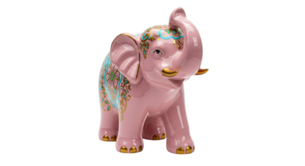 Pink elephant figurine with gold accents isolated, decorative ceramic animal for home decor and gift giving