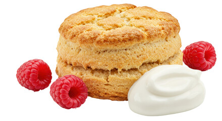 Golden scone with raspberries and cream isolated PNG, delicious baked treat for breakfast or afternoon tea on transparent background