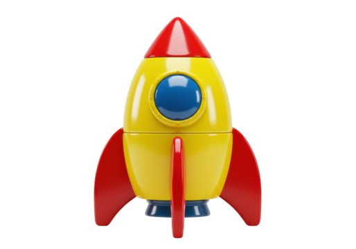 Yellow and red toy rocket isolated on transparent PNG, retro space ship for kids and science fiction themes