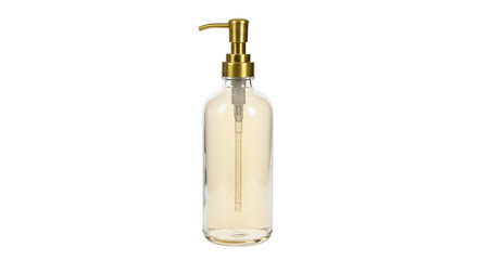 Elegant glass soap dispenser with gold pump isolated, refillable bottle for bathroom or kitchen decor and hand hygiene