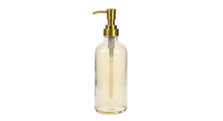 Elegant glass soap dispenser with gold pump isolated, refillable bottle for bathroom or kitchen decor and hand hygiene